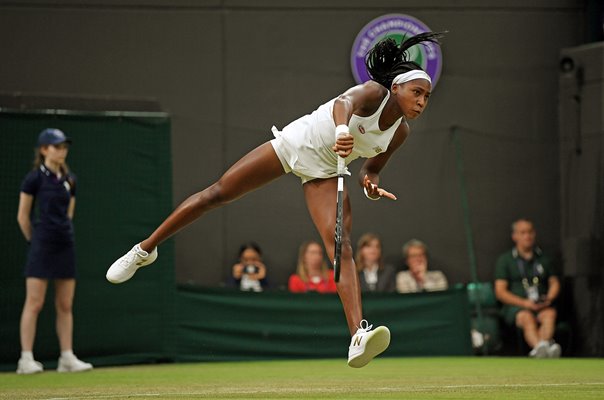 Cori Gauff USA serves Centre Court Wimbledon 2019