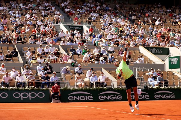 Rafael Nadal Spain serves v Diego Schwartzman French Open 2021