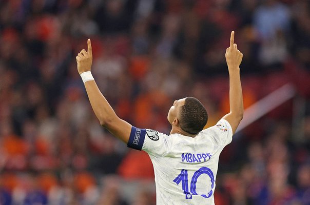 Kylian Mbappe France celebrates v Netherlands EURO 2024 Qualifier Amsterdam 2023