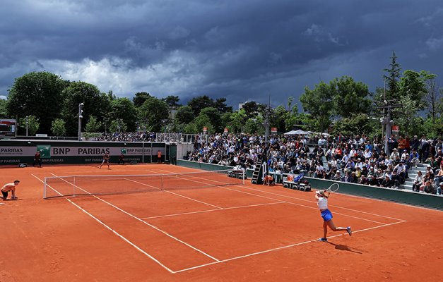 Danielle Collins USA plays under dark clouds French Open Roland Garros Paris 2024