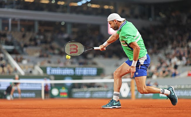 Grigor Dimitrov Bulgaria backhand v Zizou Bergs French Open Paris 2024