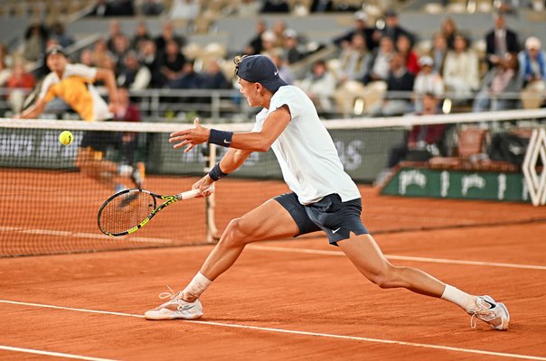 Holger Rune Denmark sliding backhand v Alexander Zverev French Open 2024