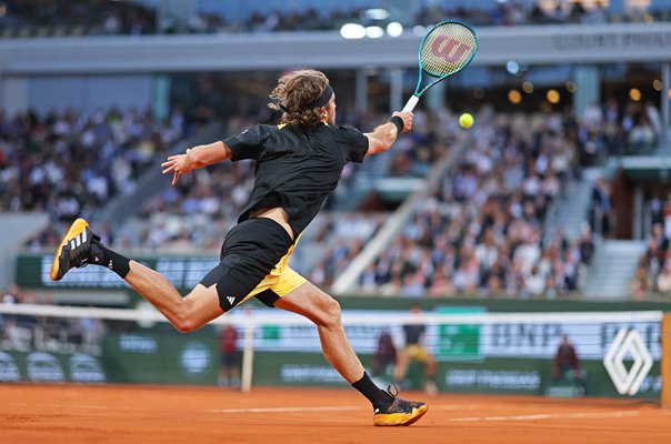 Stefanos Tsitsipas Greece forehand v Carlos Alcaraz French Open 2024