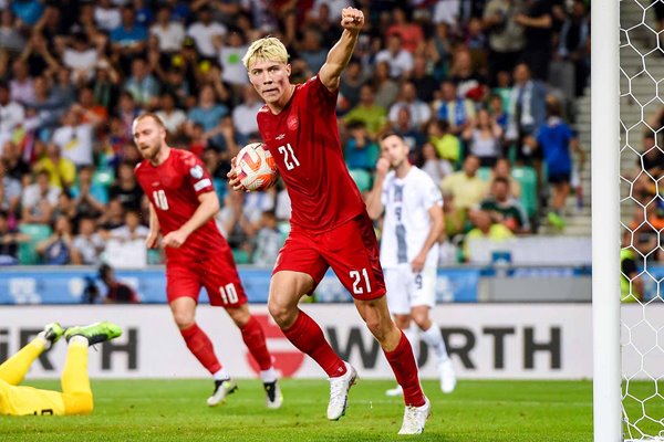 Rasmus Højlund Denmark scores v Slovenia Euro Qualifier 2023