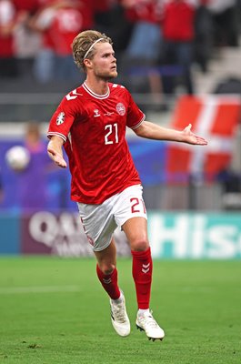 Morten Hjulmand Denmark celebrates scoring v England Frankfurt EURO 2024