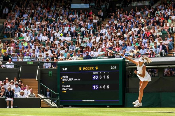 Katie Boulter serves to Harriet Dart Battle of the Brits Wimbledon 2024