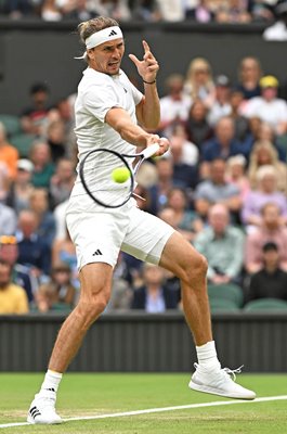 Alexander Zverev Germany baseline forehand v Cameron Norrie Wimbledon 2024