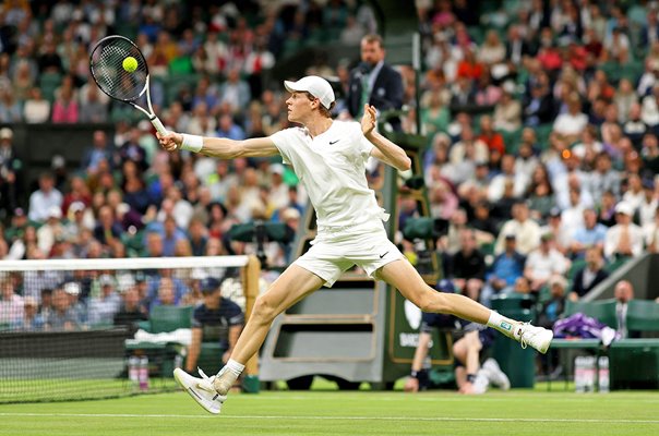 Jannik Sinner Italy backhand v Miomir Kecmanovic Serbia Wimbledon 2024