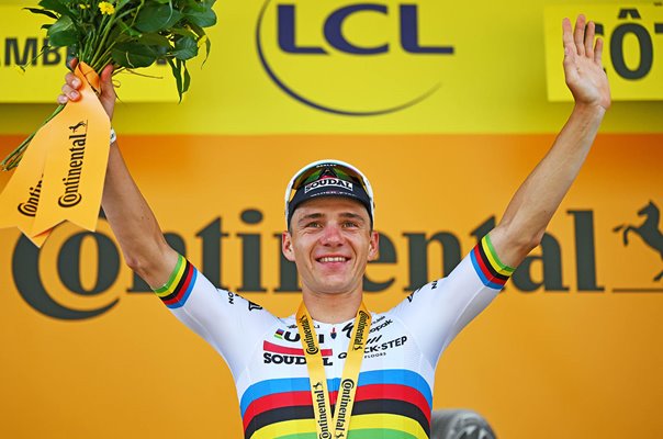 Remco Evenepoel Belgium celebrates Time Trial win Stage 7 Tour de France 2024  