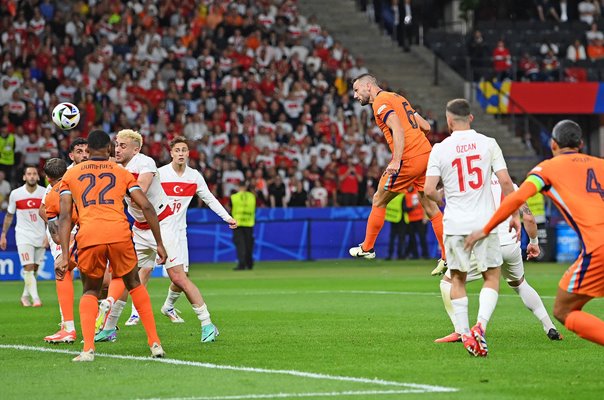 Stefan de Vrij Netherlands scores v Turkey Quarter-Final Berlin UEFA 2024