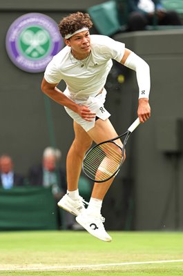 Ben Shelton USA serves v Denis Shapovalov Canada Wimbledon 2024