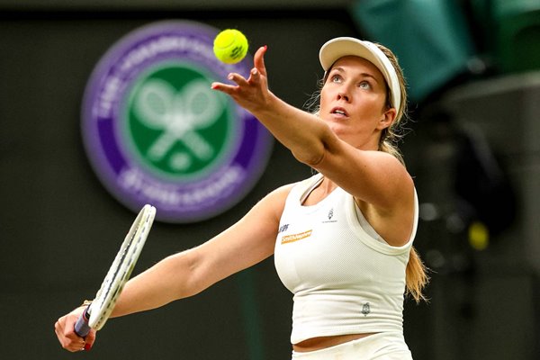 Danielle Collins USA serves to Barbora Krejcikova Wimbledon 2024