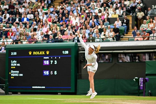 Donna Vekic Croatia serves to Lulu Sun New Zealand Quarter Final Wimbledon 2024