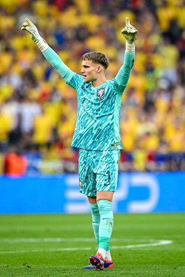 Bart Verbruggen Netherlands celebrates goal v Romania Last 16 Germany EURO 2024