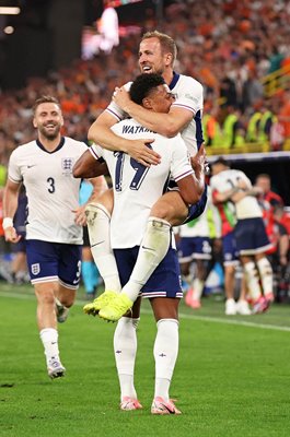 Ollie Watkins celebrates victory with Harry Kane England v Netherlands Semi-Final EURO 2024