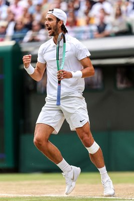 Lorenzo Musetti Italy celebrates v Taylor Fritz USA Wimbledon 2024