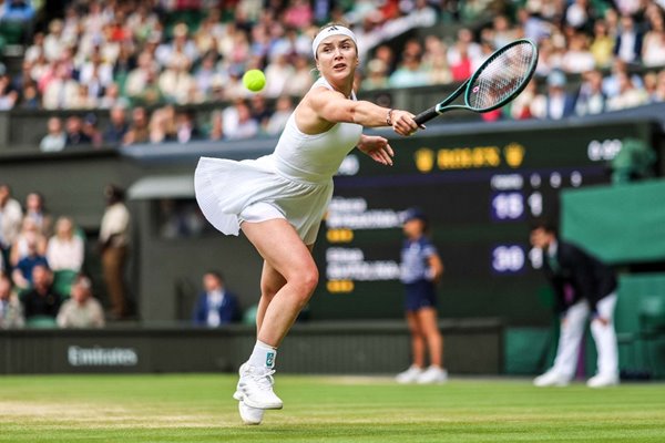 Elina Svitolina Ukraine backhand v Elena Rybakina Quarter Final Wimbledon 2024