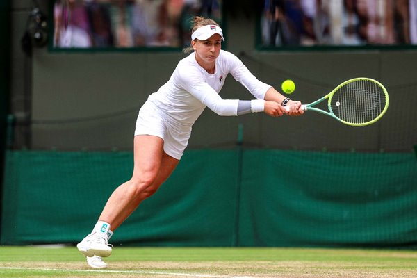 Barbora Krejcikova Czechia backhand v Jelena Ostapenko Quarter Final Wimbledon 2024