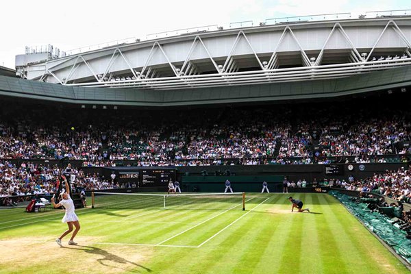 Elena Rybakina Kazakhstan serves v Barbora Krejcikova Semi Final Wimbledon 2024