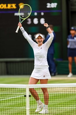 Barbora Krejcikova Czechia celebrates match point v Elena Rybakina Wimbledon 2024