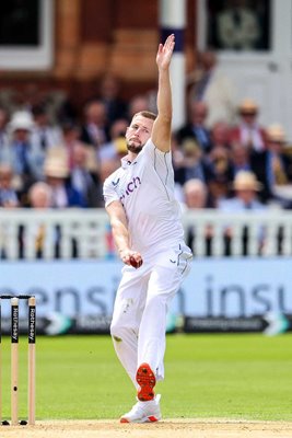 Gus Atkinson England bowls v West Indies during 12 wicket debut Lord's 2024