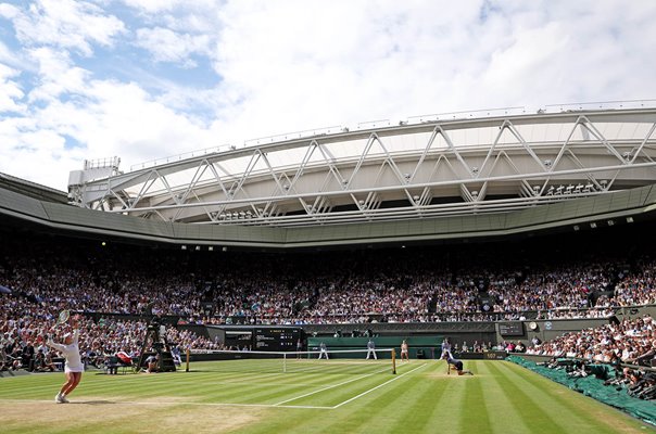 Barbora Krejcikova serves to Jasmine Paolini Italy Wimbledon Final 2024