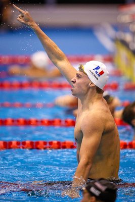 Leon Marchand France celebrates 400m Individual Medley Gold World Swimming Fukuoka 2023  