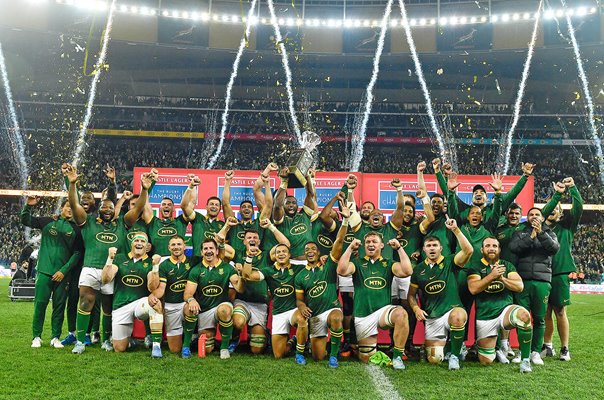 South Africa team celebrate win v New Zealand The Rugby Championship Cape Town 2024