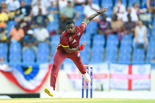 Jayden Seales West Indies bowls v England ODI Antigua 2024