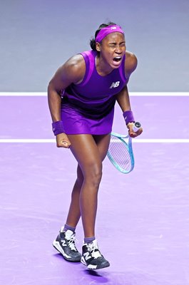 Coco Gauff USA celebrates v Qinwen Zheng China WTA Finals Riyadh 2024