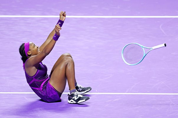 Coco Gauff USA celebrates match point v Qinwen Zheng WTA Finals 2024 