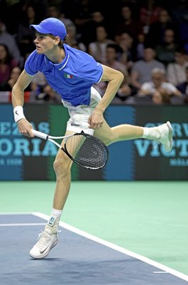 Jannik Sinner Italy serves v Netherlands Davis Cup Final Malaga 2024