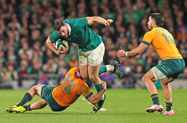 Robbie Henshaw Ireland tackled by Andrew Kellaway Australia Autumn Nations Series 2024