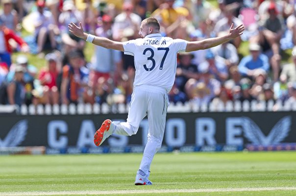 Gus Atkinson England celebrates hat-trick v New Zealand Wellington 2024