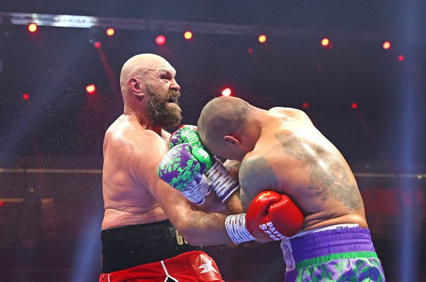 Tyson Fury lands body punch v Oleksandr Usyk Heavyweight Fight Riyadh 2024