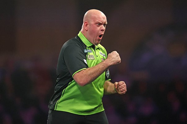 Michael van Gerwen Netherlands celebrates v Chris Dobey World Darts 2025