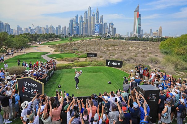 Rory McIlroy Northern Ireland drives 8th tee Dubai Desert Classic Emirates Club 2025