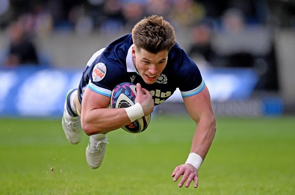 Huw Jones Scotland diving score v Italy Murrayfield Edinburgh Six Nations 2025