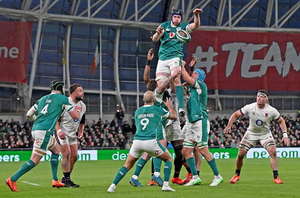 Ryan Baird Ireland wins lineout ball v England Dublin Six Nations 2025