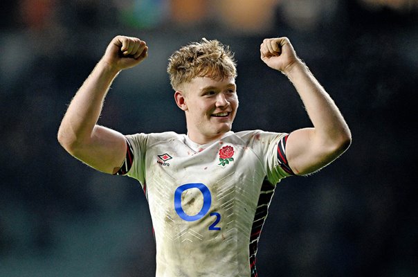 Fin Smith England celebrates win v France Twickenham Six Nations 2025