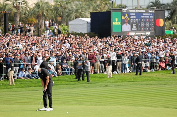 Ludvig Åberg Sweden holes out for victory 18th green Torrey Pines 2025