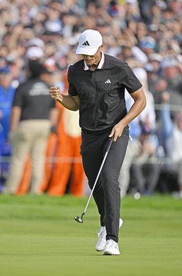 Ludvig Åberg Sweden celebrates winning putt 18th green Torrey Pines 2025