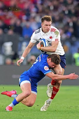 Leo Barre France is tackled by Alessandro Garbisi Italy Rome Six Nations 2025