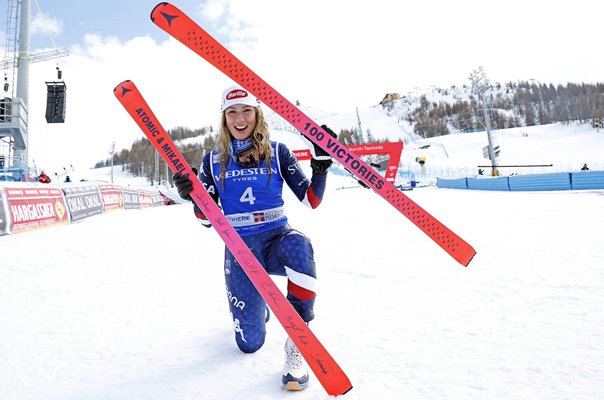 Mikaela Shiffrin USA celebrates 100th World Cup win Slalom Sestriere 2025