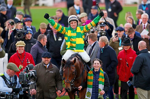 Harry Skelton riding The New Lion celebrates Novices' Hurdle win Cheltenham 2025 