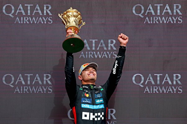 Lando Norris Great Britain driving McLaren celebrates British F1 Grand Prix win 2025