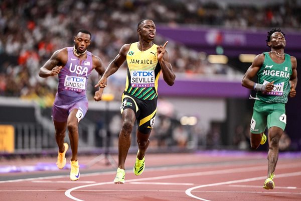 Oblique Seville Jamaica celebrates 100m Gold World Athletics Tokyo 2025