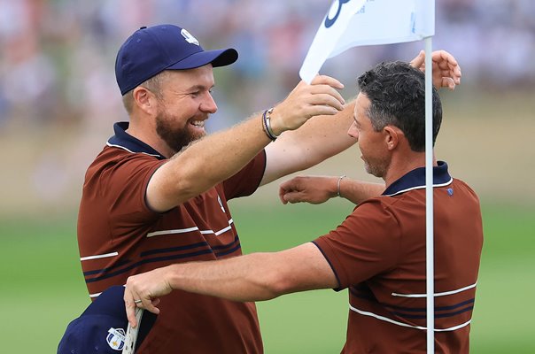 Shane Lowry & Rory McIlroy Europe celebrate Saturday Afternoon Fourballs win Ryder Cup 2025