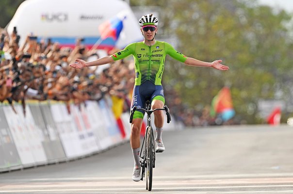 Tadej Pogacar Slovenia celebrates World Road Race win Kigali 2025