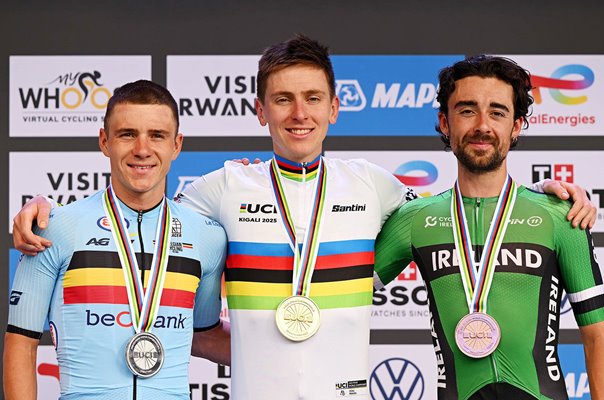 Remco Evenepoel, Tadej Pogacar & Ben Healy World Road Race Podium Kigali 2025
